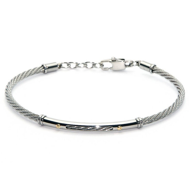 Mens stainless steel cable bracelet with 18ct gold