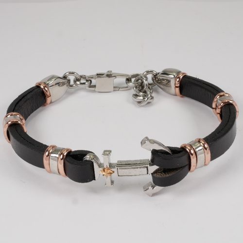 H2on Italy Mens Steel and Black Leather Bracelet