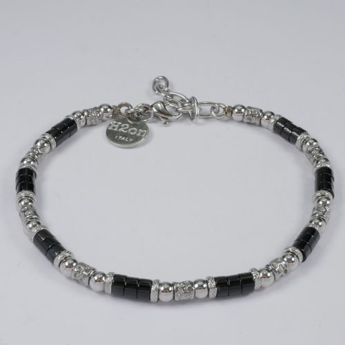 H2on Italy Mens Stainless Steel and Natural Black Agate Stones Bracelet
