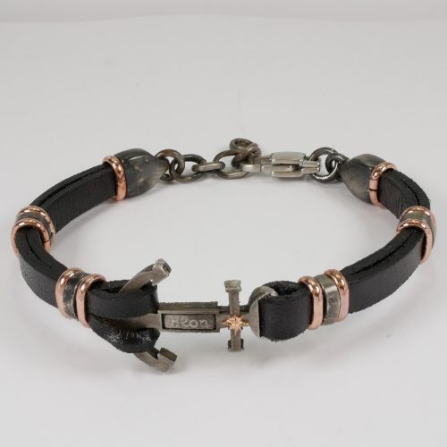 H2on Italy Mens Black Leather and Steel Bracelet