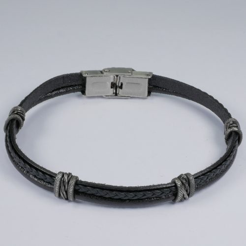H2on Italy Mens Stainless Steel and Black Braided Leather Bracelet