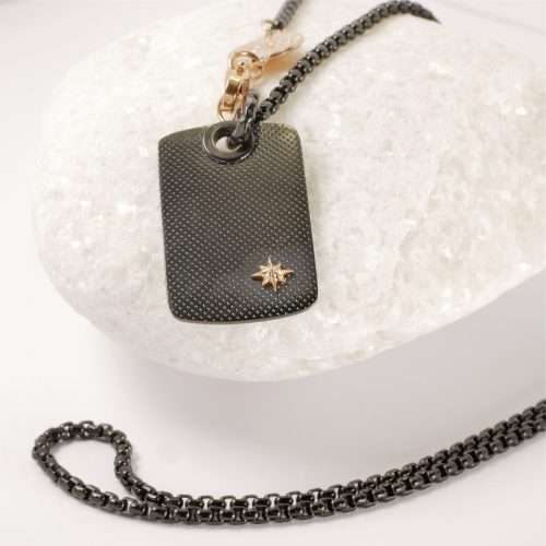 H2on Italy Mens Black PVD Steel Tag Necklace Rose Gold Pole Star Pendant