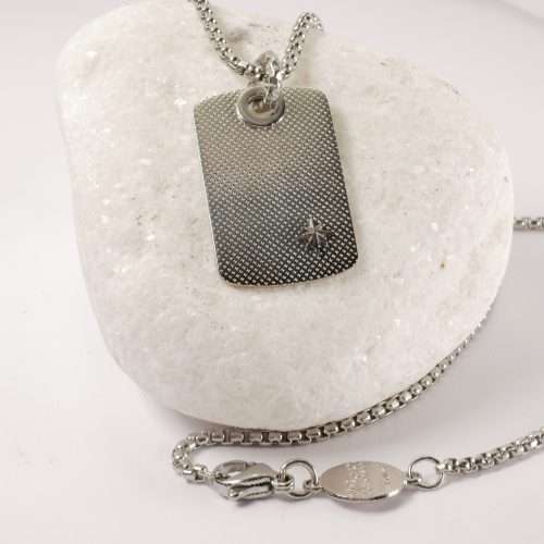 H2on Italian Mens Stainless Steel Tag Necklace with Black Pole Star Pendant