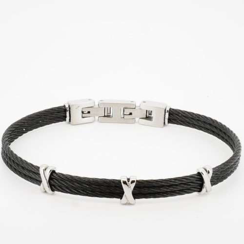 H2on Italy Black Triple Steel Cable Bracelet with Polished Steel Kisses
