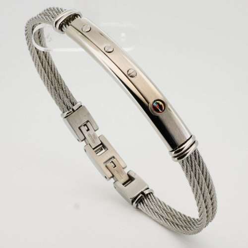 Triple Steel Cable Bracelet with Polished Steel Bar & Gold Screw Accent