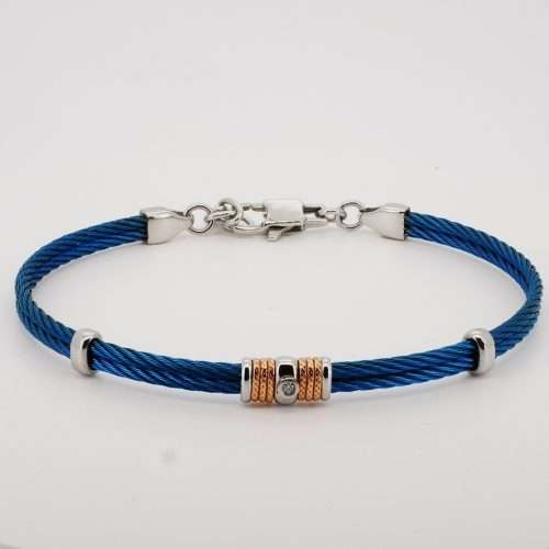 Men’s Blue PVD Double Cable Stainless Steel Bracelet with Natural Diamond.