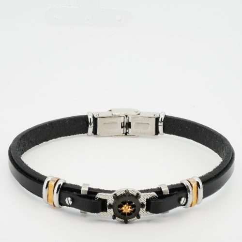 Men’s black leather bracelet with gold Pole Star and rudder