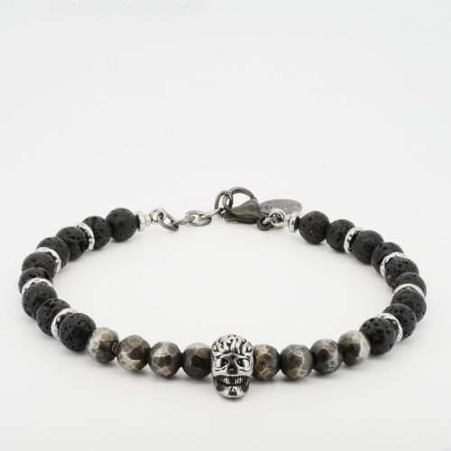 Mens Black Lava Stone Bracelet /Hammered skull